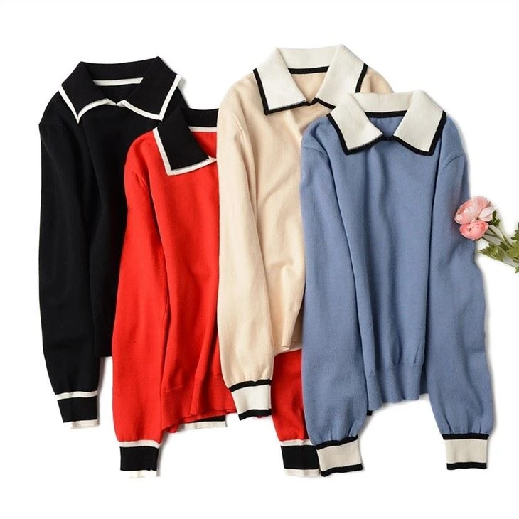 Women Sweater Lapel Knit Basic Polo Sweater